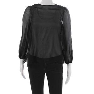 Cami Women Black 100% Silk Round Neck Long Sleeve Button Blouse Size XS